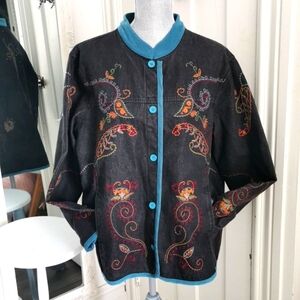 Denim & Co. Boho floral embroidery jacket. 100 % cotton. Size 1X. EUC
